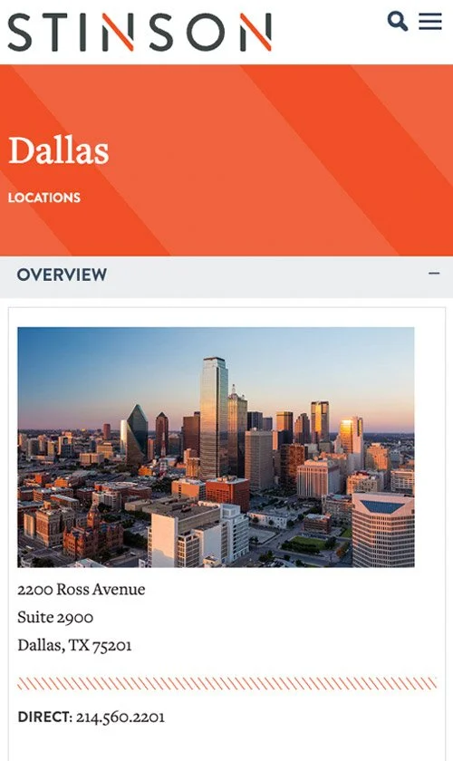 Mobile view of Stinson law firm Dallas office location page.