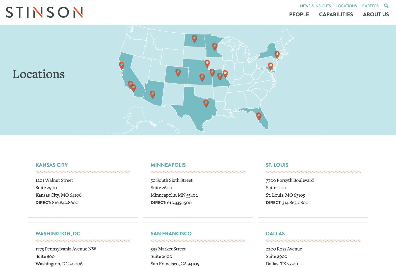 Interactive map page from Stinson website showing firm offices across multiple U.S. cities.