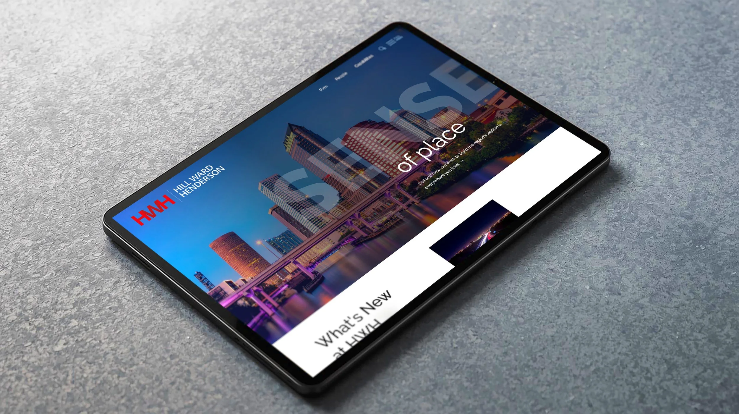 Tablet displaying Hill Ward Henderson law firm website homepage with a bold red and dark layout and cityscape hero image.