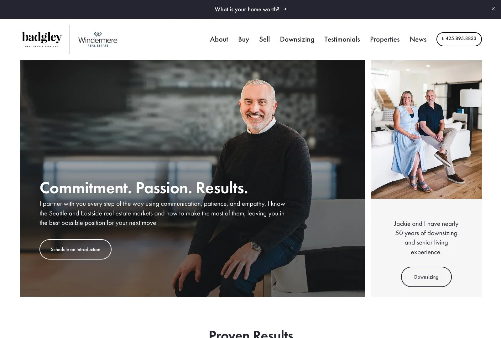 Screenshot of Badgley Homes real estate website homepage showing hero section with portrait of Jim Badgley and tagline.