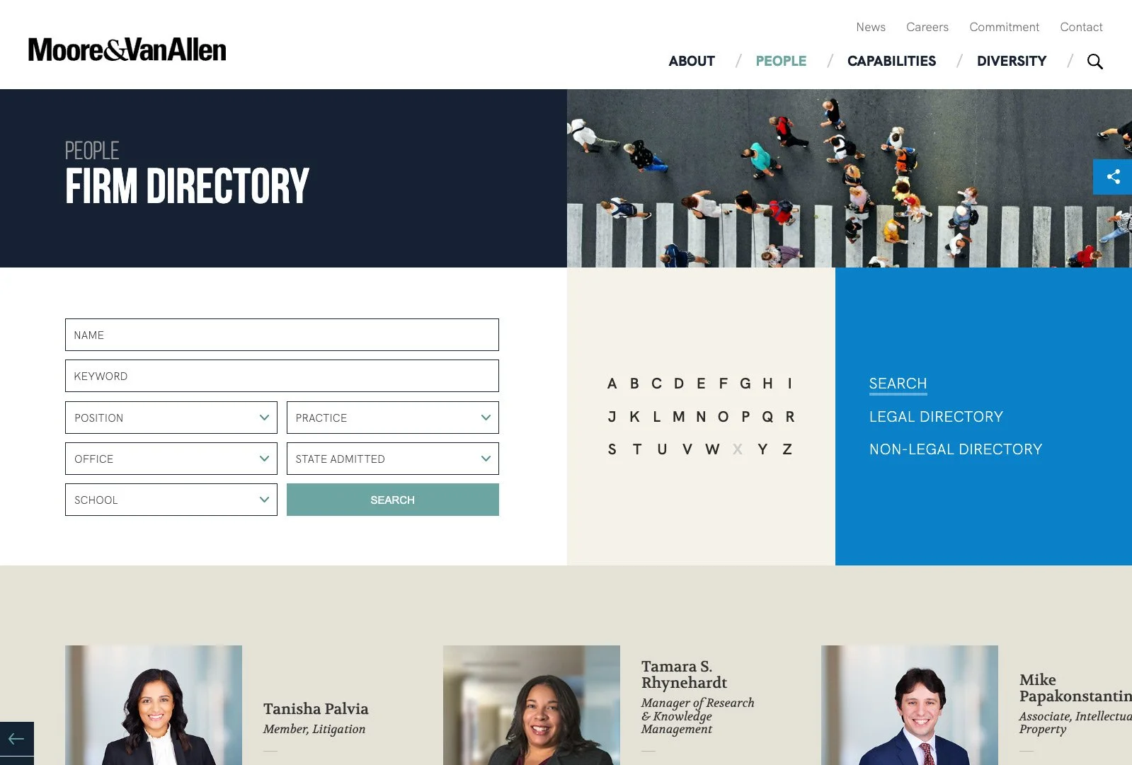 Moore & Van Allen firm directory page featuring a searchable database of attorneys with filters by name, practice area, and location.