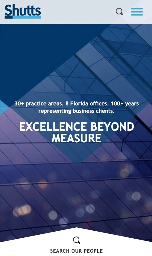 Shutts & Bowen mobile homepage featuring blue geometric design and tagline: Excellence Beyond Measure.
