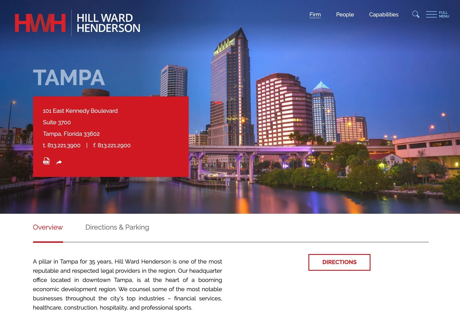 Hill Ward Henderson Tampa office page with skyline photography and contact information.