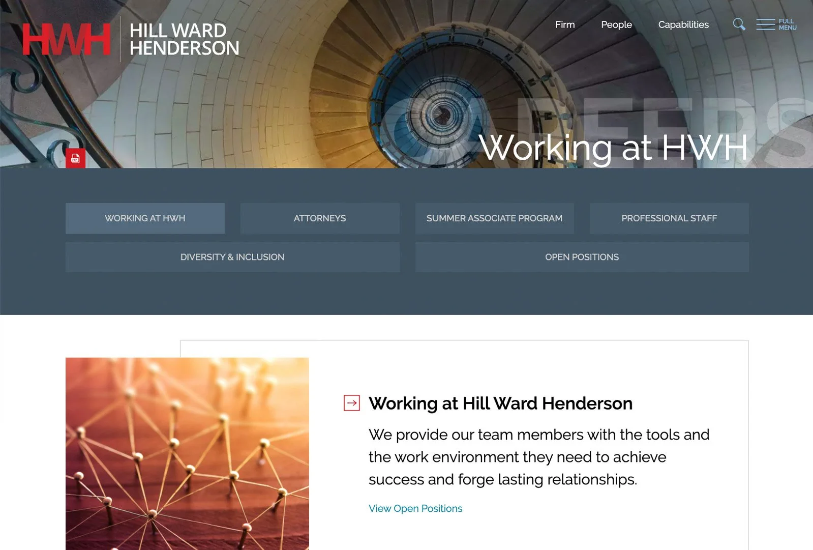 Hill Ward Henderson careers page titled “Working at HWH” featuring firm culture and opportunities.