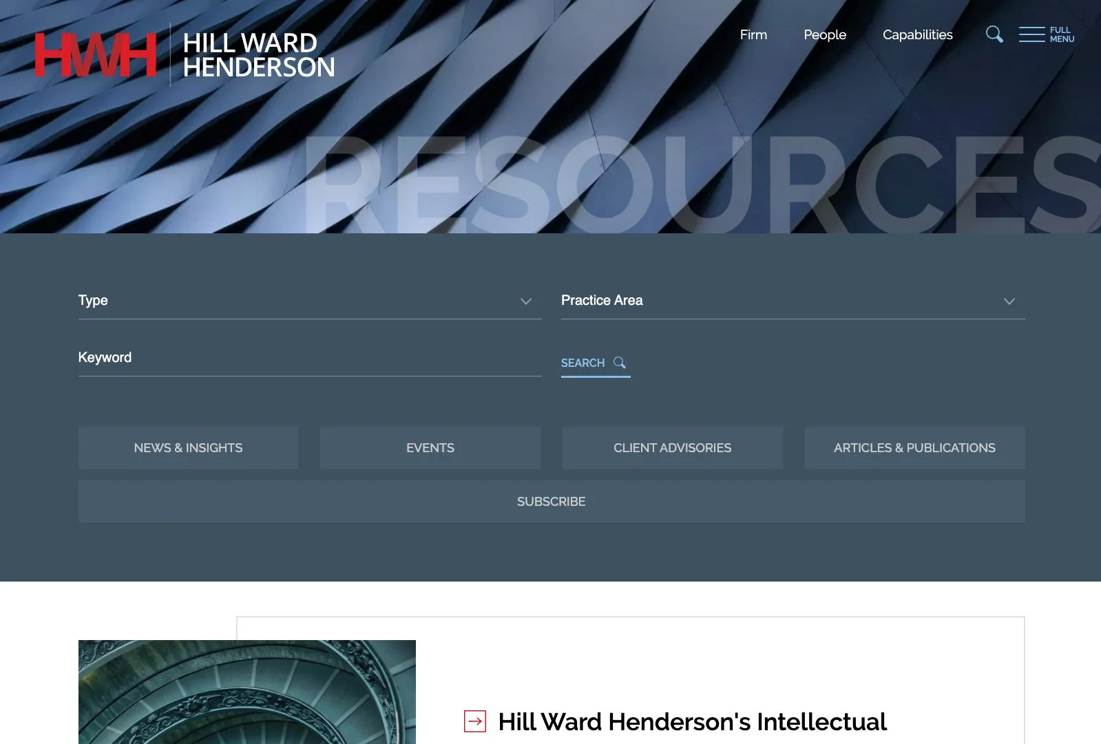 Hill Ward Henderson resources page with keyword and practice filters for firm publications.