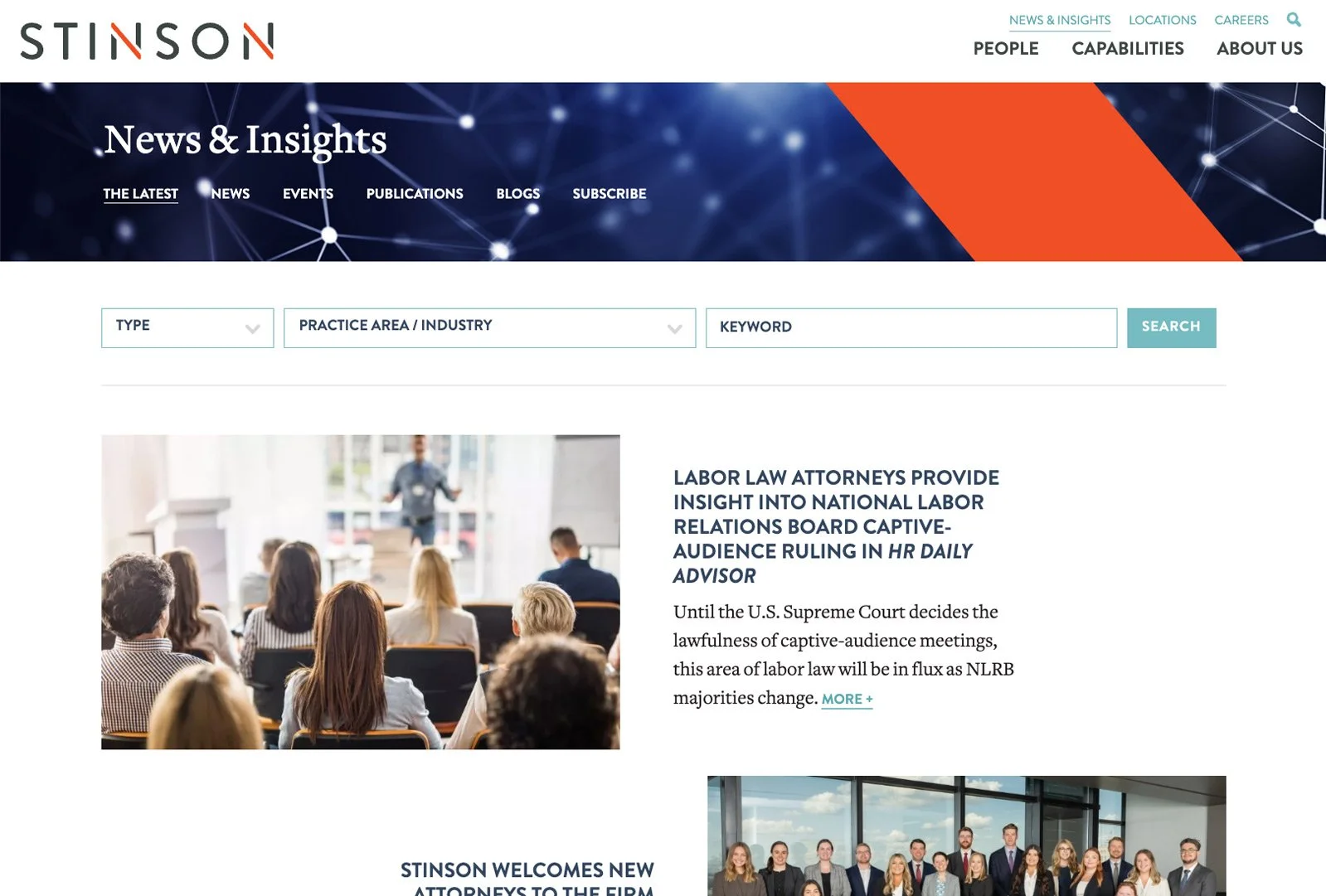 Stinson news and insights page featuring featured articles and firm updates.