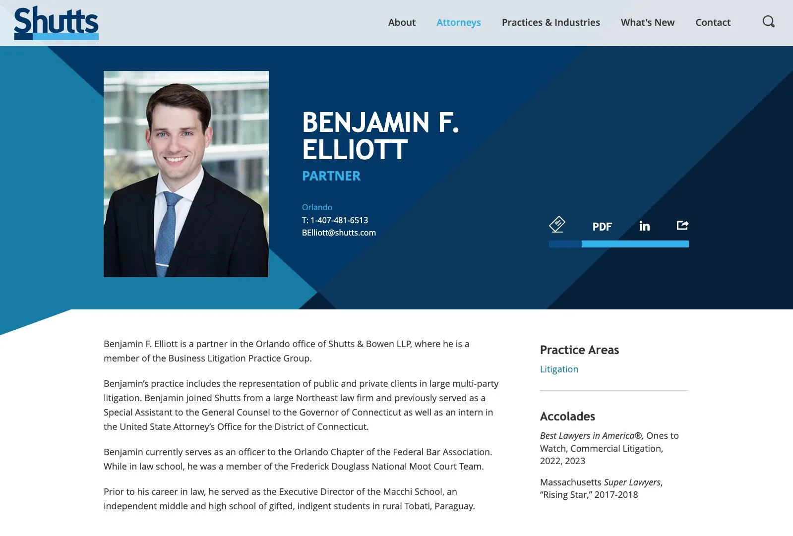Shutts & Bowen attorney profile page for Benjamin F. Elliott featuring portrait and practice details.