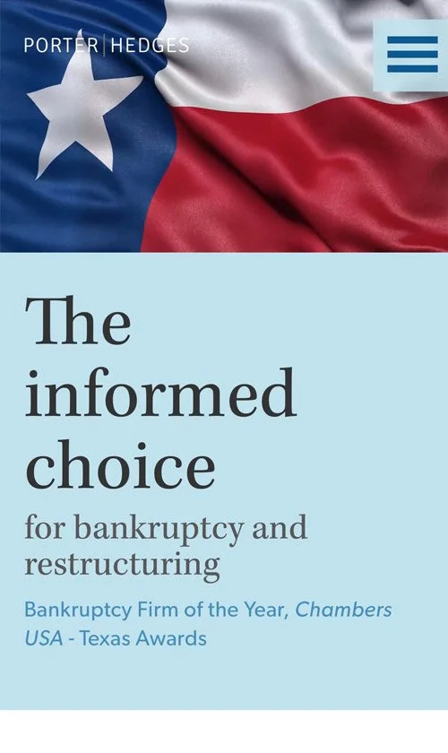 Mobile view of Porter Hedges homepage featuring the tagline “The informed choice” with Texas flag background and changing text about firm expertise.