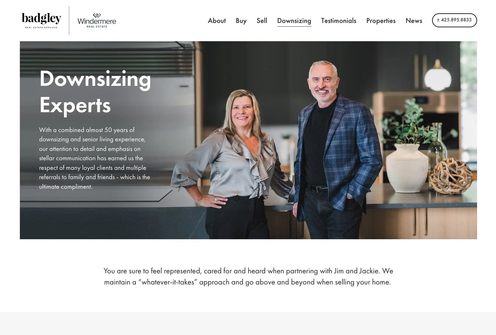 Screenshot of Badgley Homes website downsizing experts page with image of Jim Badgley and introduction text.
