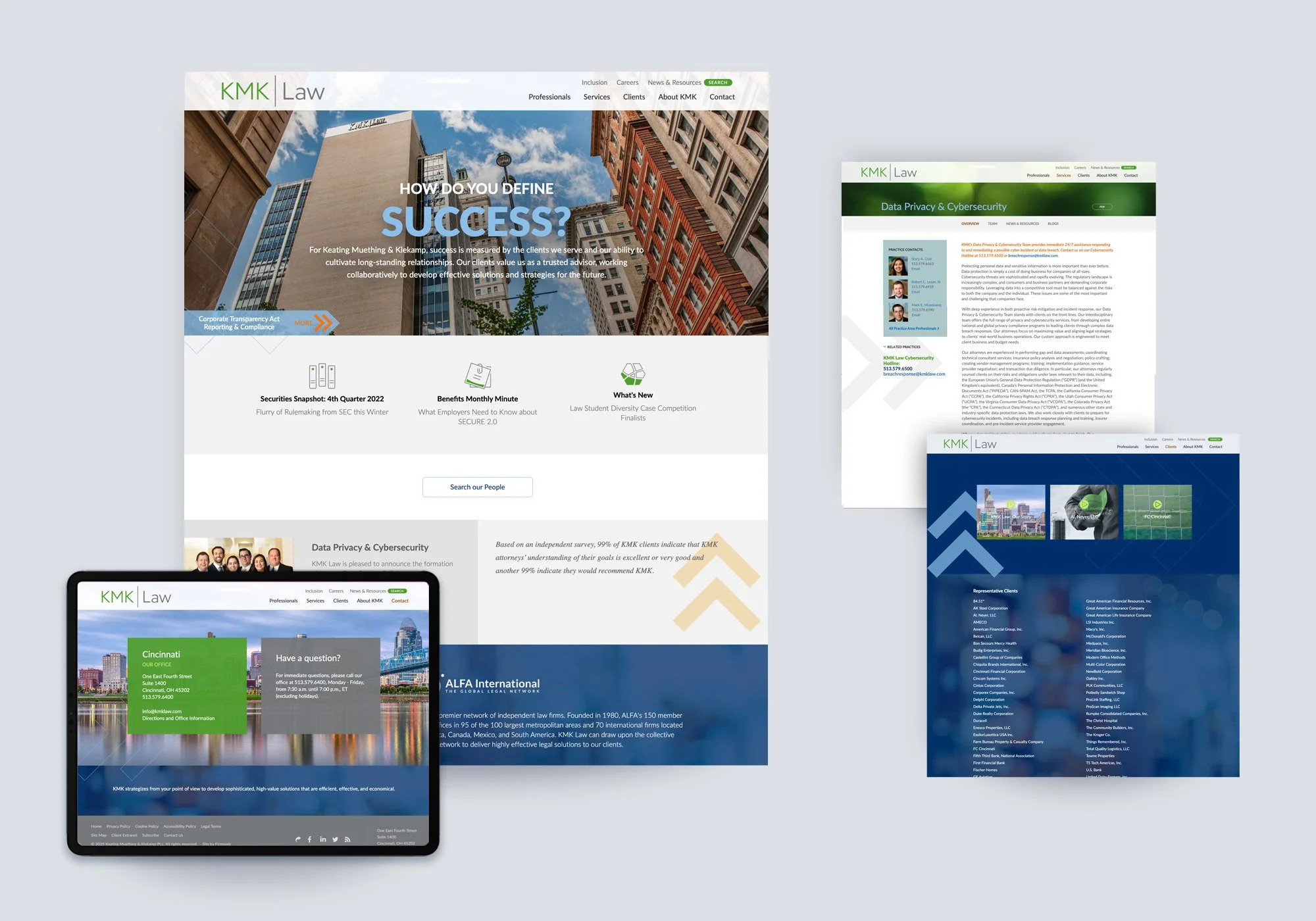 KMK Law website design shown across desktop and tablet, featuring a clean modern layout with blue and green accents, homepage hero, data privacy and cybersecurity page, client overview section, and contact page.