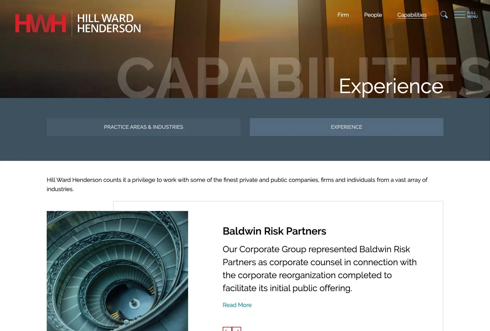 Hill Ward Henderson capabilities page showing Experience section with bold “CAPABILITIES” overlay text and imagery.
