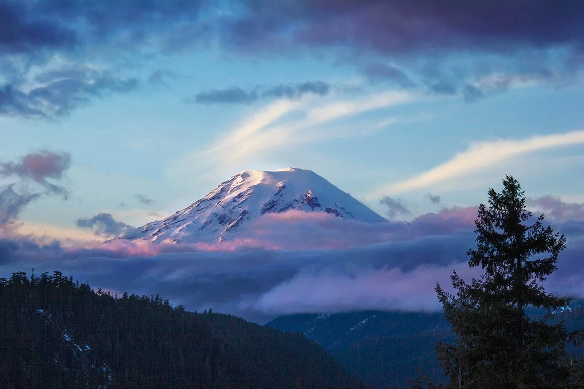 Landscape photograph by Tara Goetz showing Mount Rainier rising above clouds at sunrise with soft blue and pink sky tones.