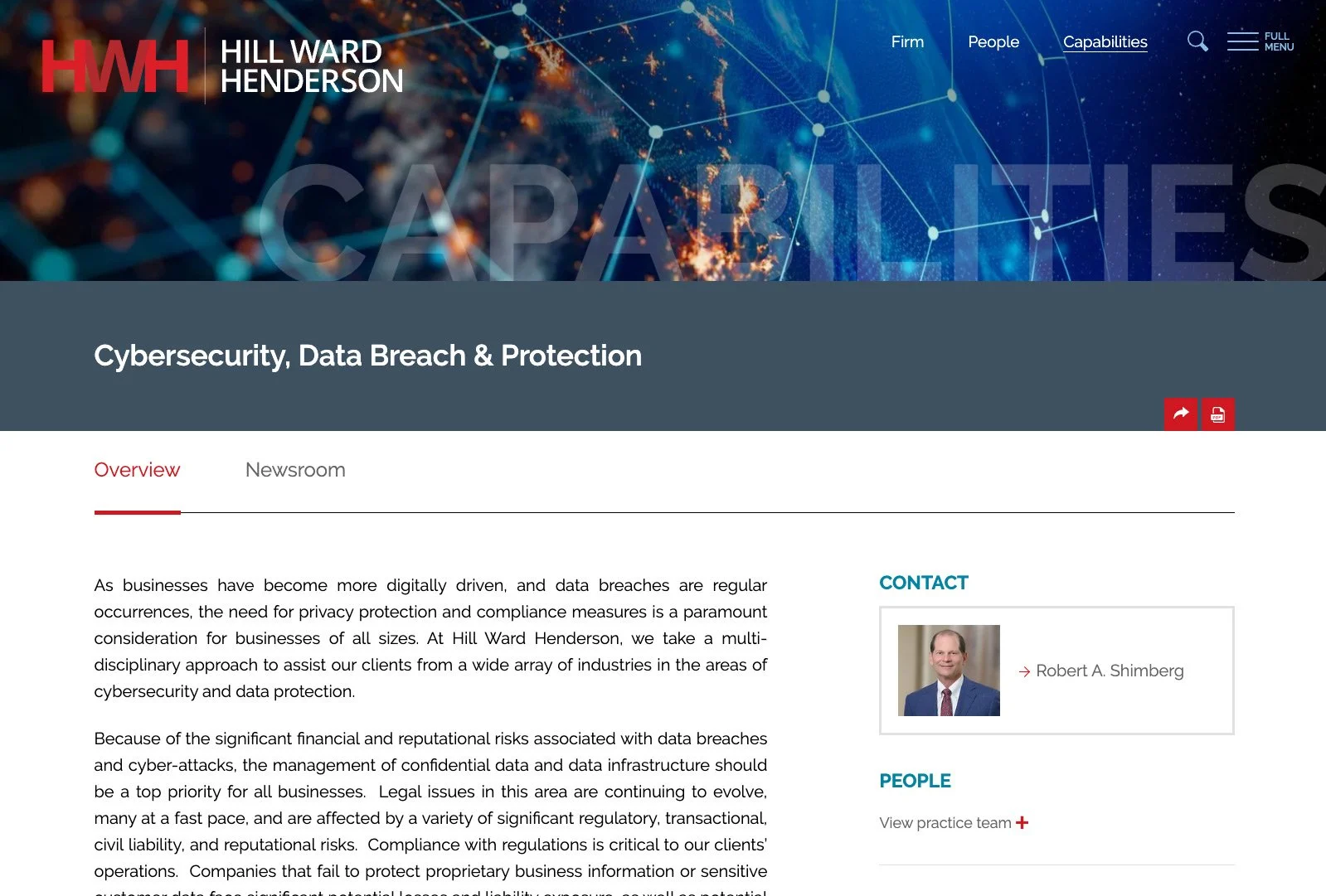 Hill Ward Henderson practice page for Cybersecurity, Data Breach & Protection with overview and attorney contact.