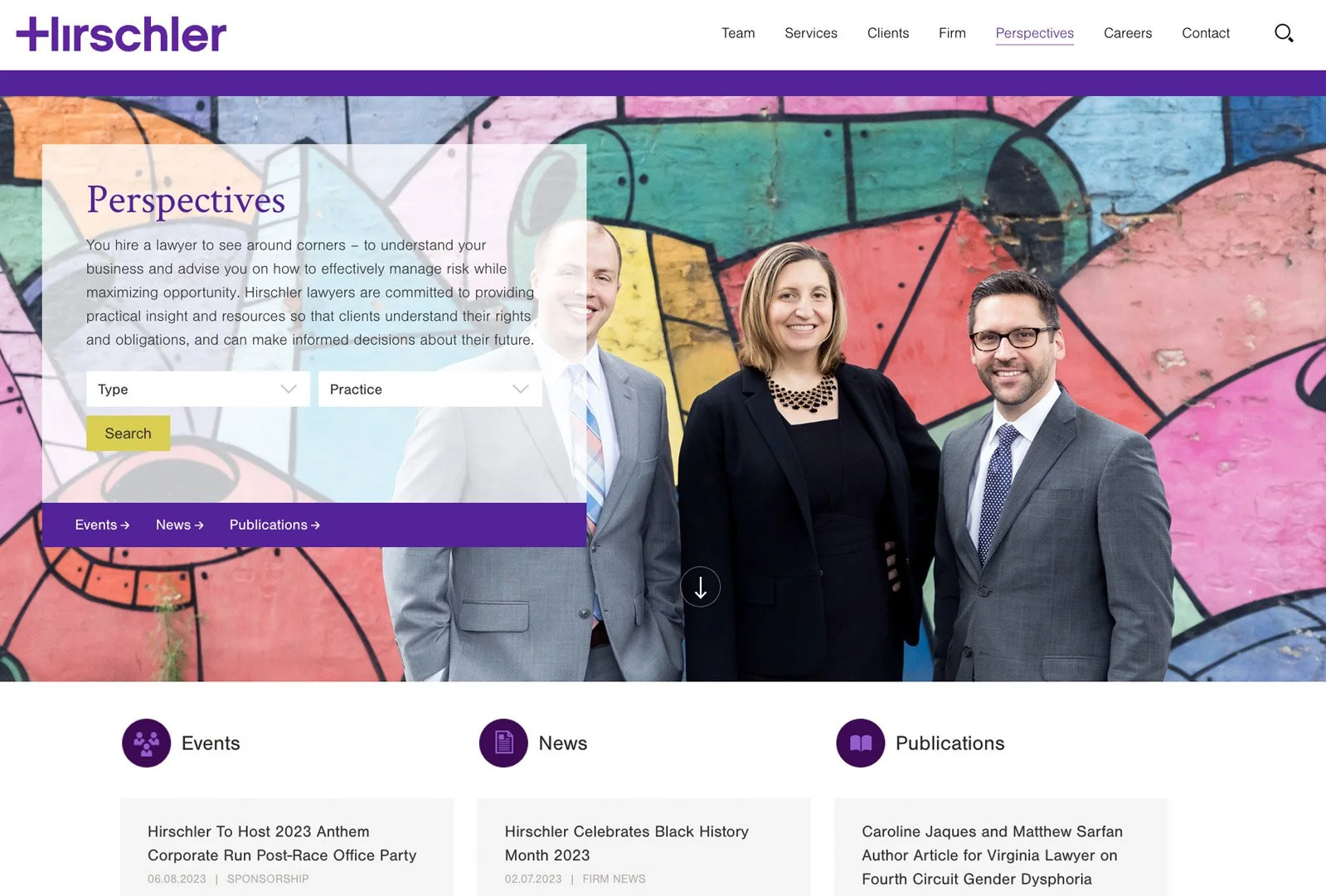 Hirschler Perspectives page design featuring firm insights, news articles, and event highlights.