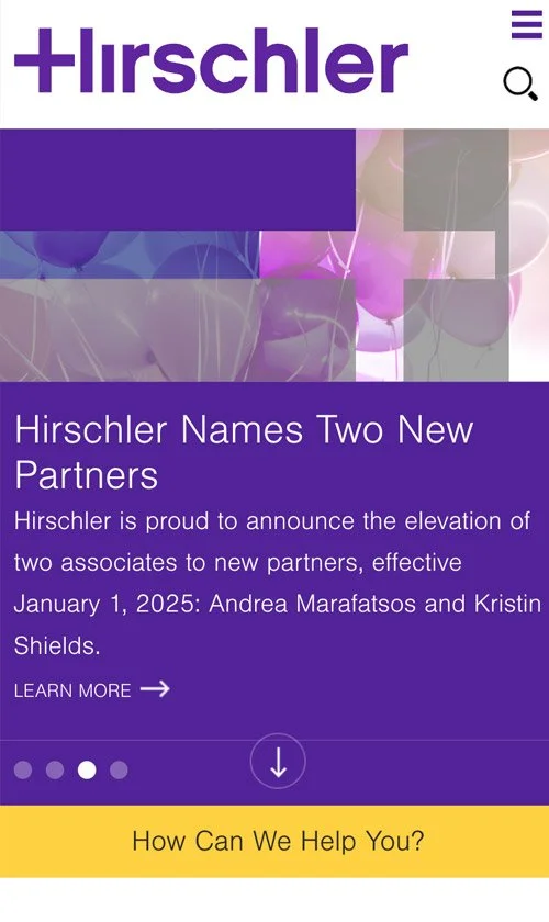 Hirschler mobile homepage banner announcing new partners with purple and yellow brand accents.