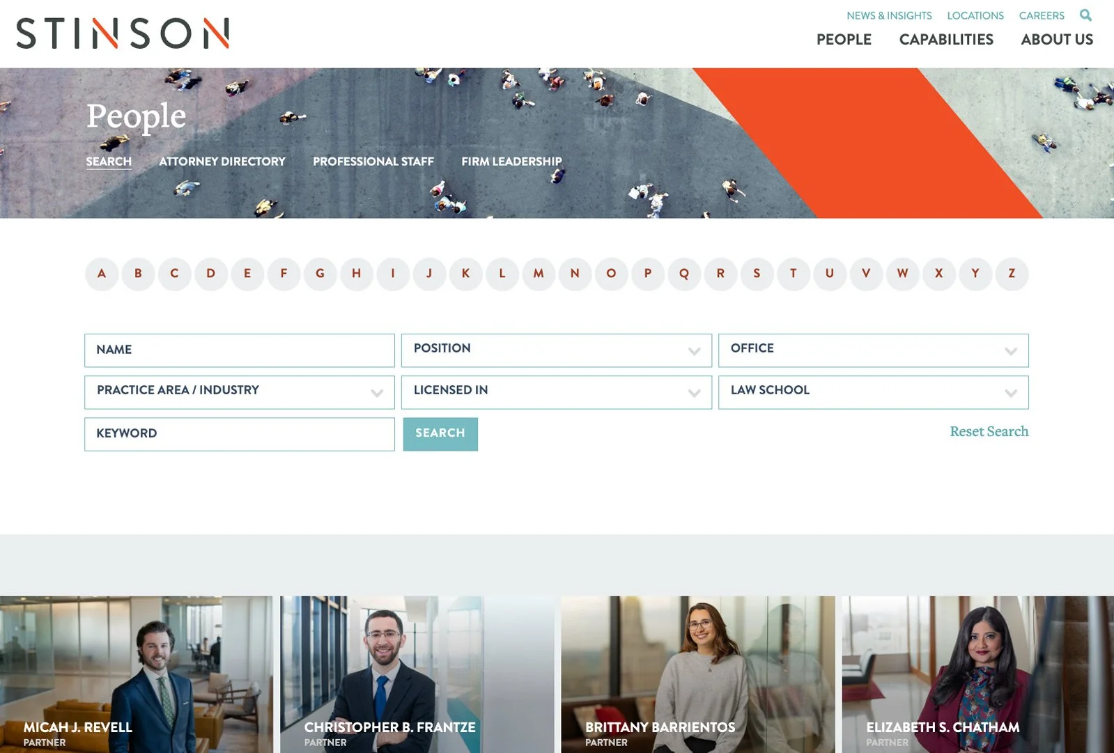 Stinson people search page with attorney search and people highlight scroller of select team members.