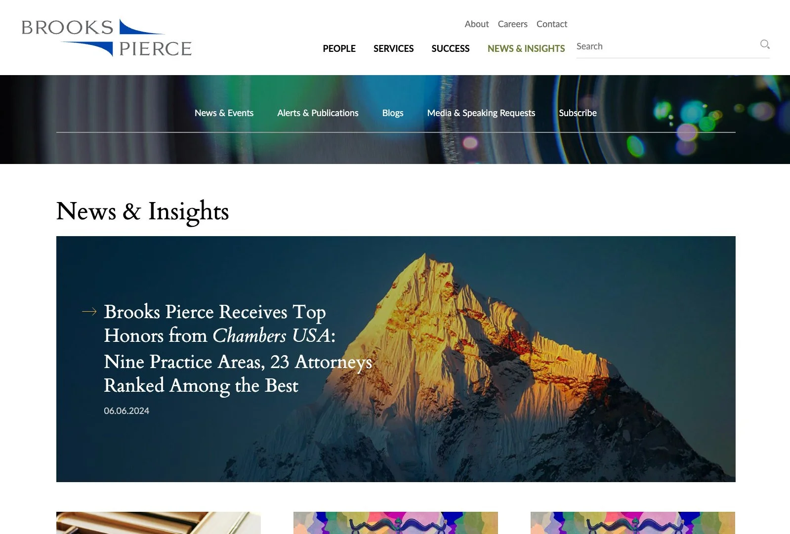Brooks Pierce News & Insights page highlighting firm updates and legal articles.