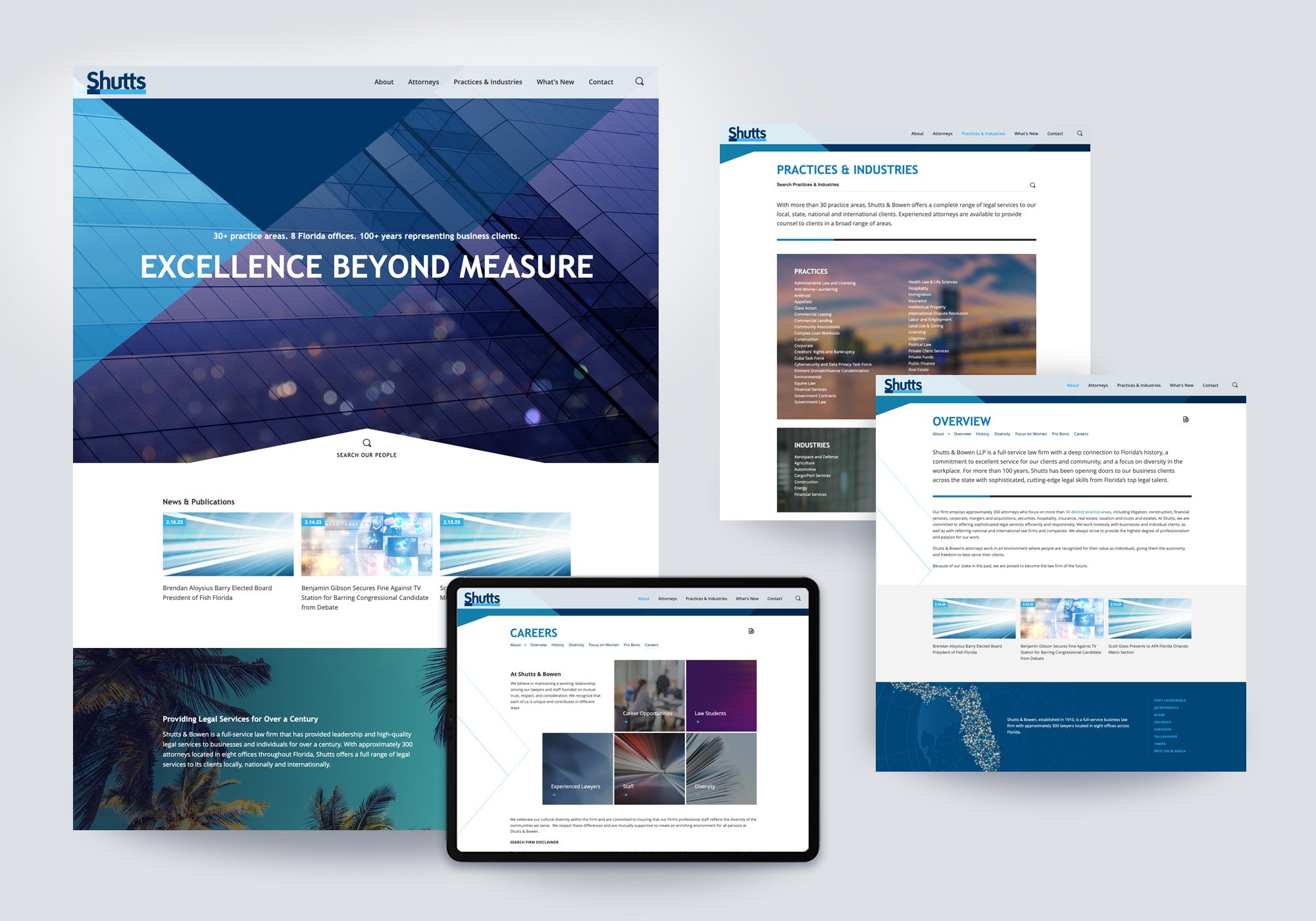 Shutts law firm website design shown across desktop and tablet, featuring a blue-toned modern layout, homepage hero, practices and industries section, overview page, and careers page.
