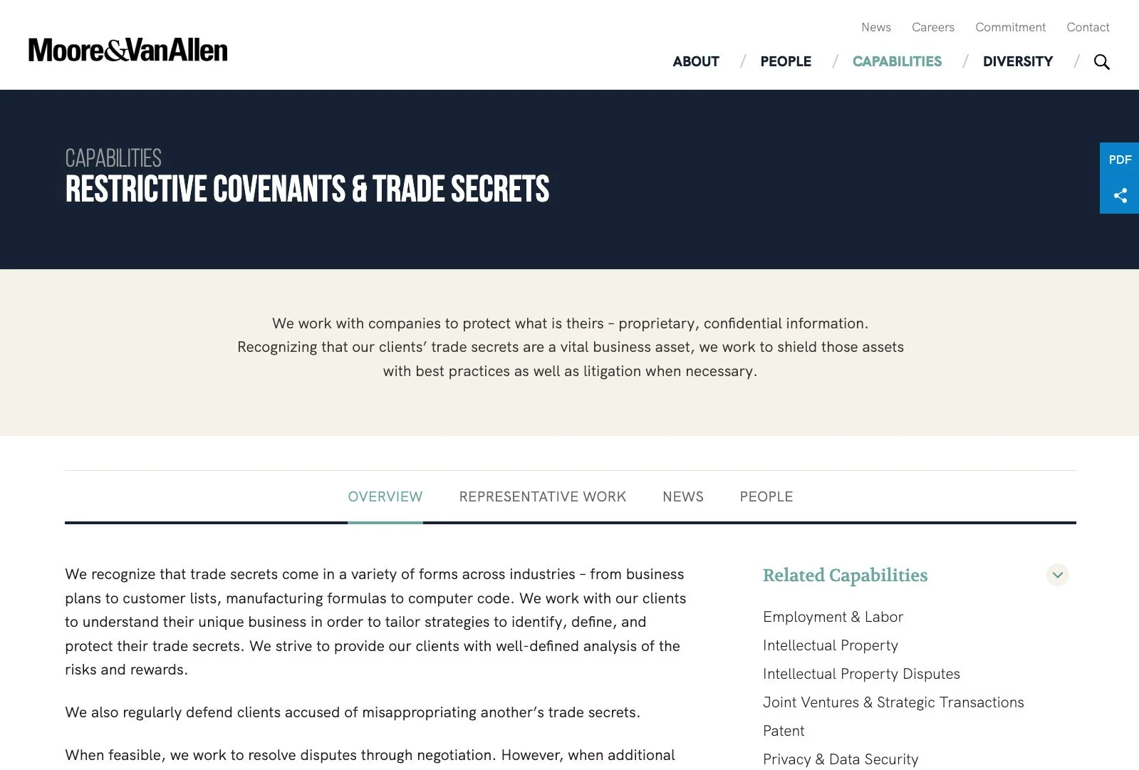 Practice area page on Restrictive Covenants & Trade Secrets highlighting Moore & Van Allen’s expertise and detailed service descriptions.
