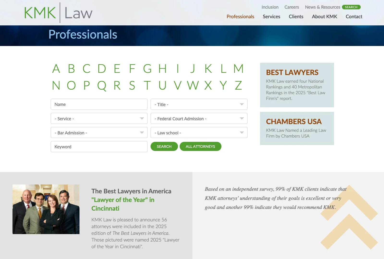 KMK Law professionals directory page with alphabetical search and featured attorney highlights for easy navigation.