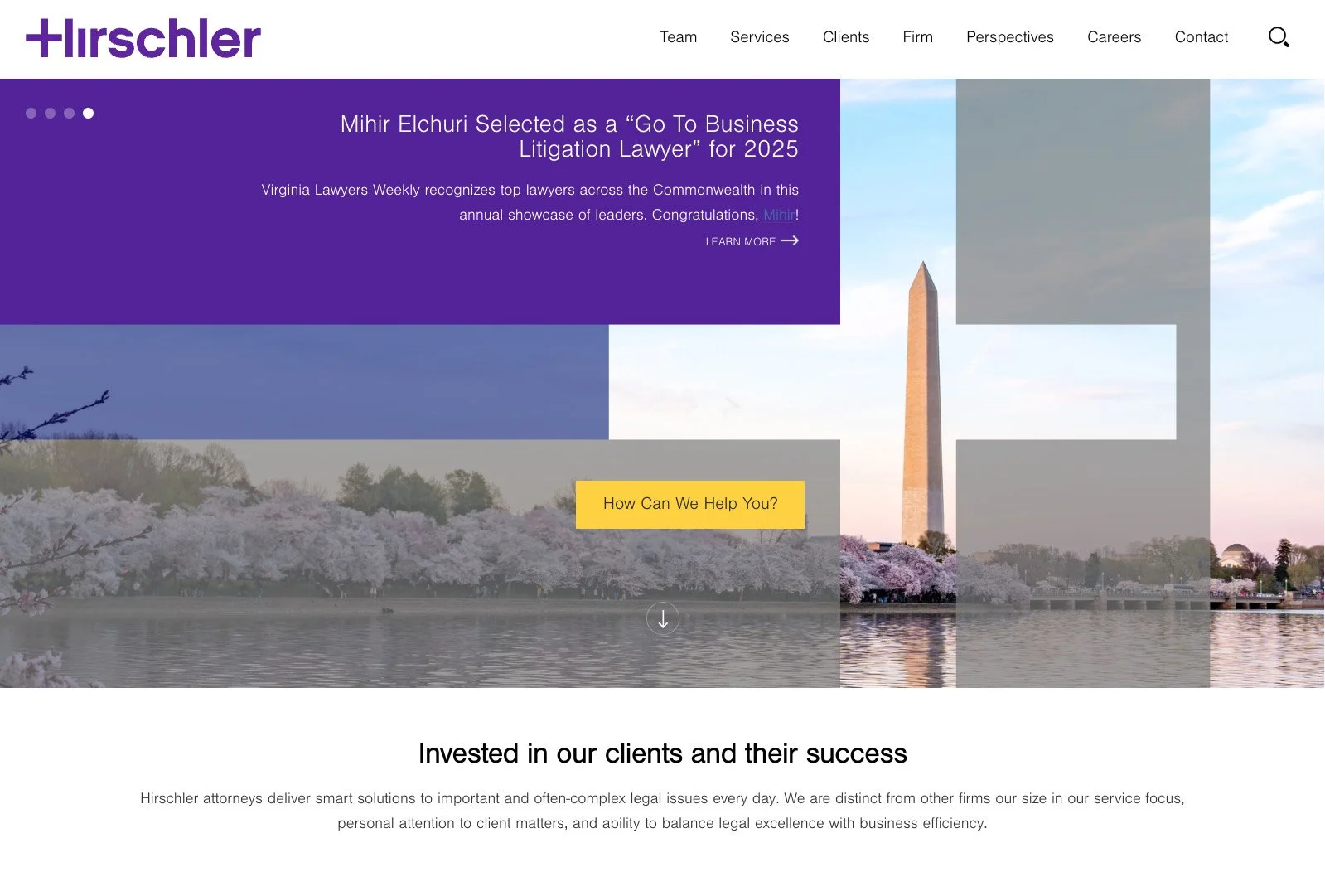 Hirschler homepage design featuring scenic Virginia landscape hero image and bold purple brand accents.