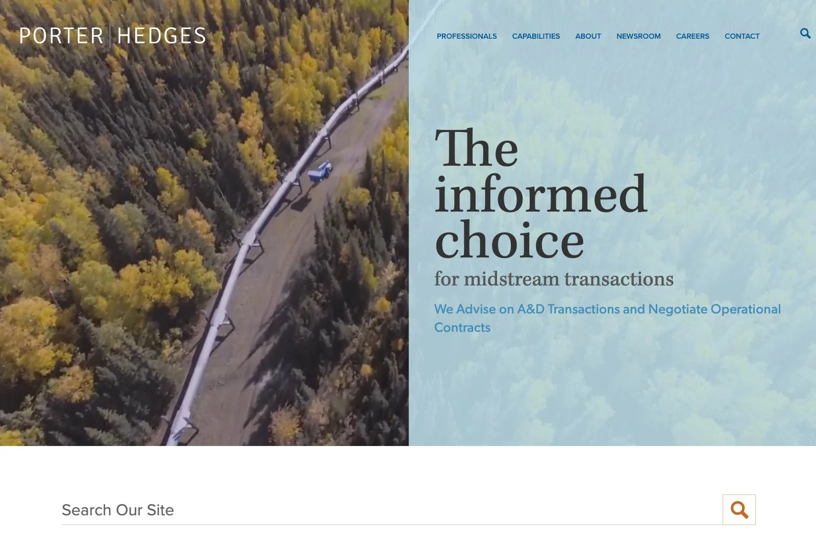 Porter Hedges homepage design showing video background with rotating imagery and changing text highlighting key practice areas.