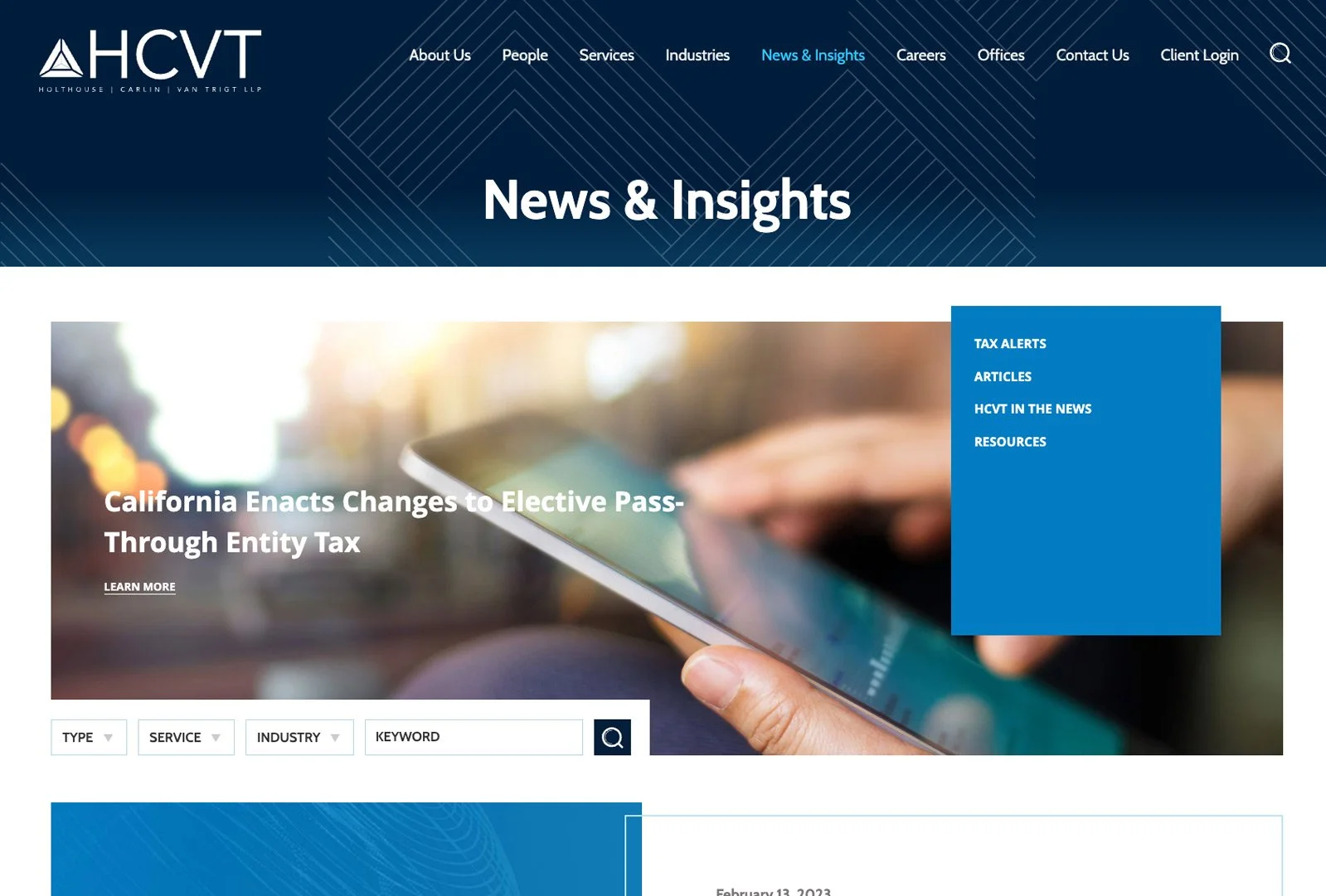 HCVT news and insights page with featured article layout and image-driven content grid.