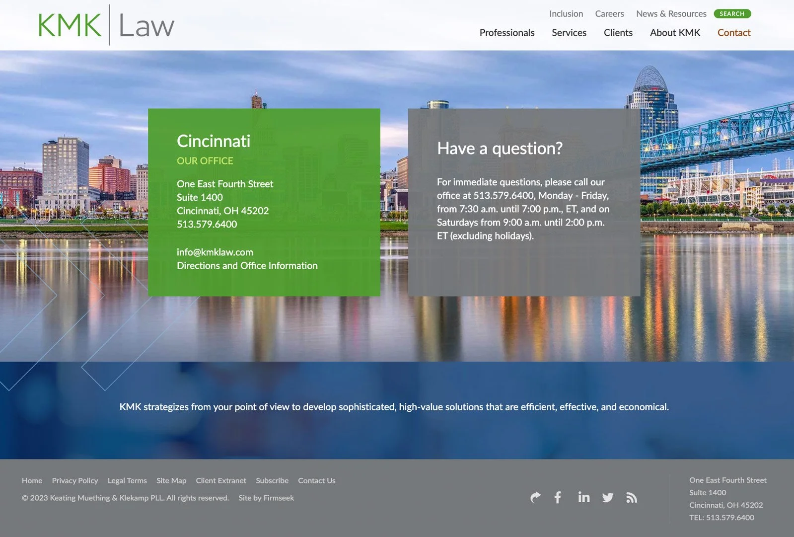 KMK Law contact page with cityscape image, office locations, and interactive contact forms for client inquiries.