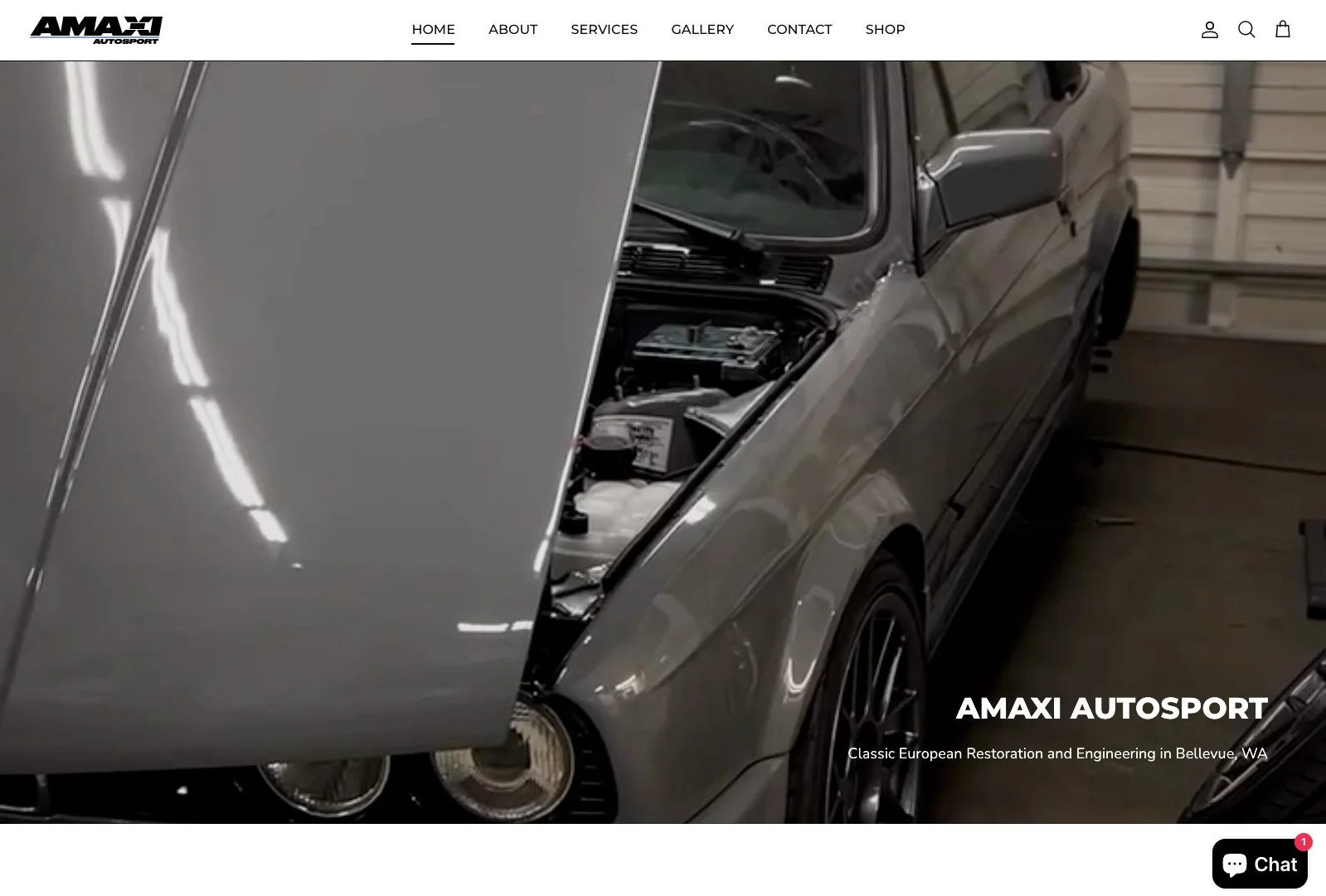 AMAXI Autosport homepage showcasing a restored European performance car, representing the shop’s craftsmanship and engineering expertise.