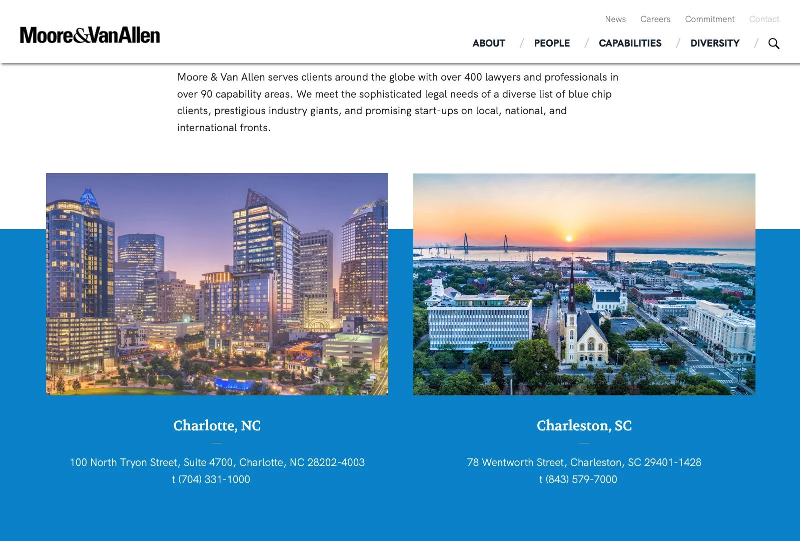 Office locations page for Moore & Van Allen featuring images and contact information for Charlotte and Charleston offices.