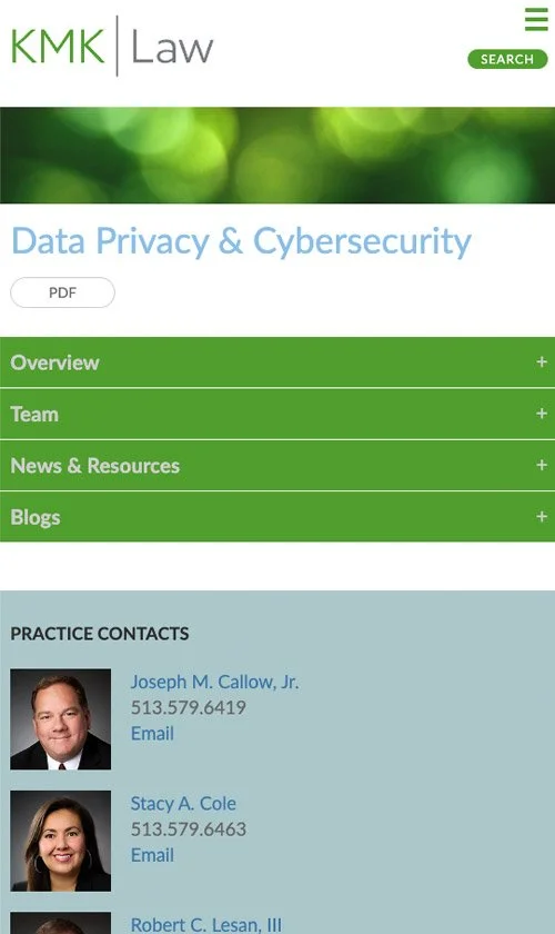 KMK Law mobile data privacy and cybersecurity page with green and blue accents, dropdown sections for overview, team, news, and blog resources, and attorney contact details.