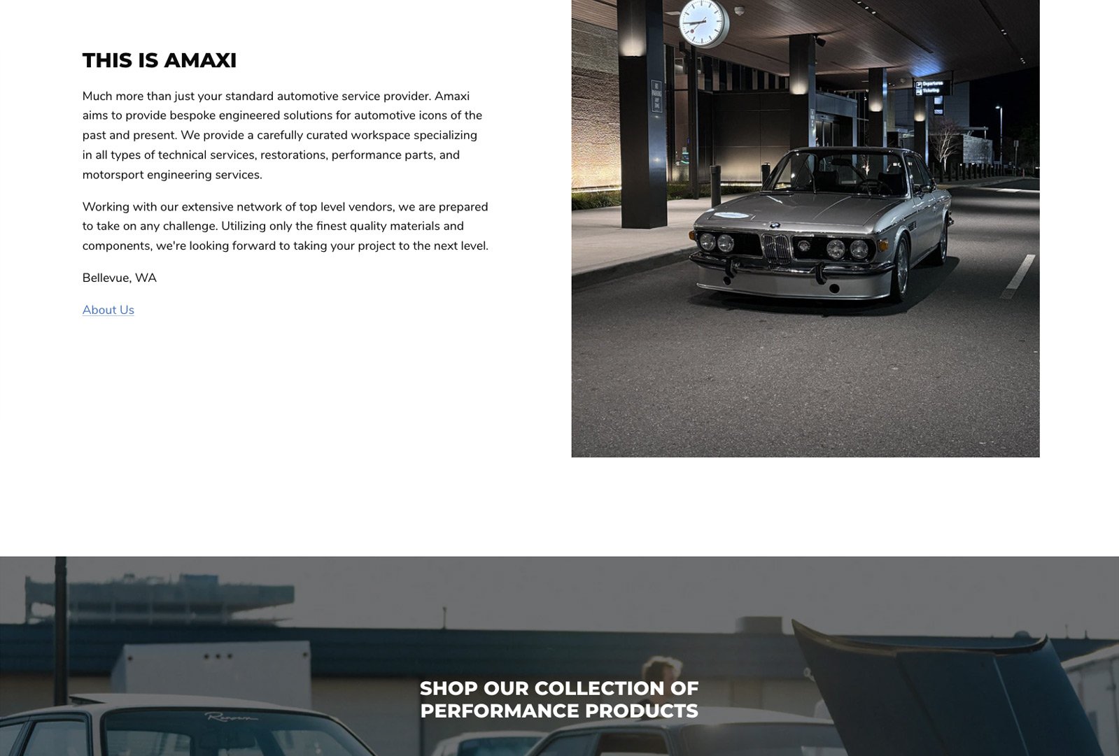 AMAXI Autosport Motorsport page highlighting the shop’s racing culture and commitment to competition performance.
