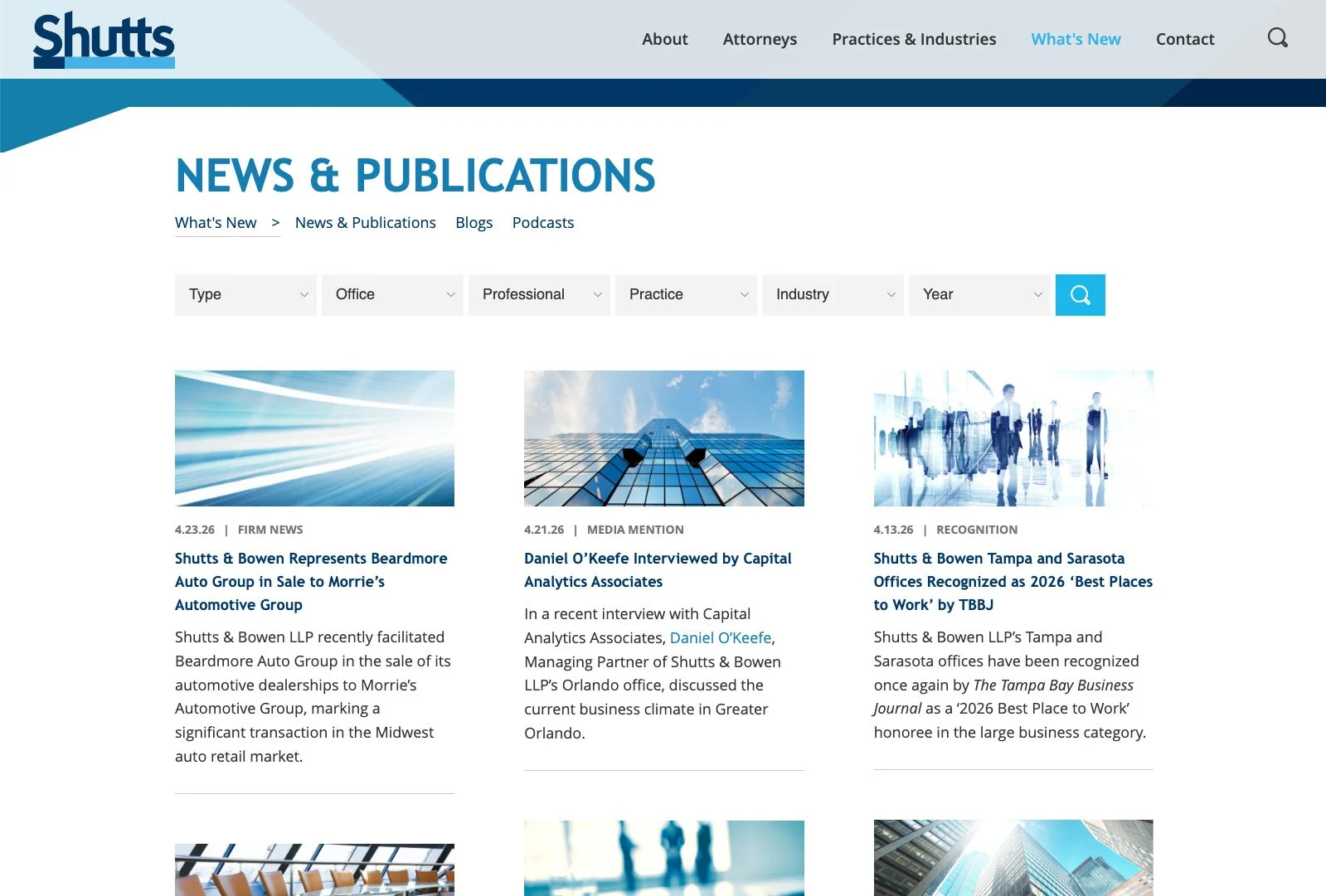Shutts & Bowen news and publications page featuring firm updates, articles, and announcements.