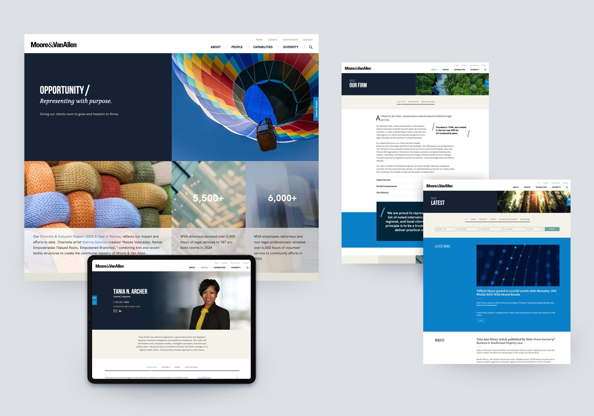 Moore & Van Allen law firm website design shown across desktop and tablet, featuring a clean modern layout with bold imagery, homepage hero, firm overview page, news and insights section, and attorney profile.