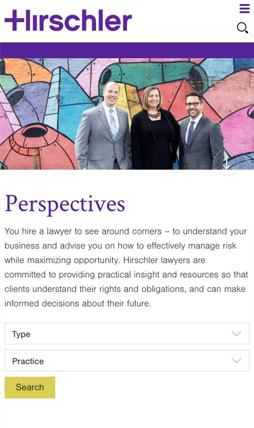 Hirschler mobile Perspectives page featuring colorful team photo header and article filter options.