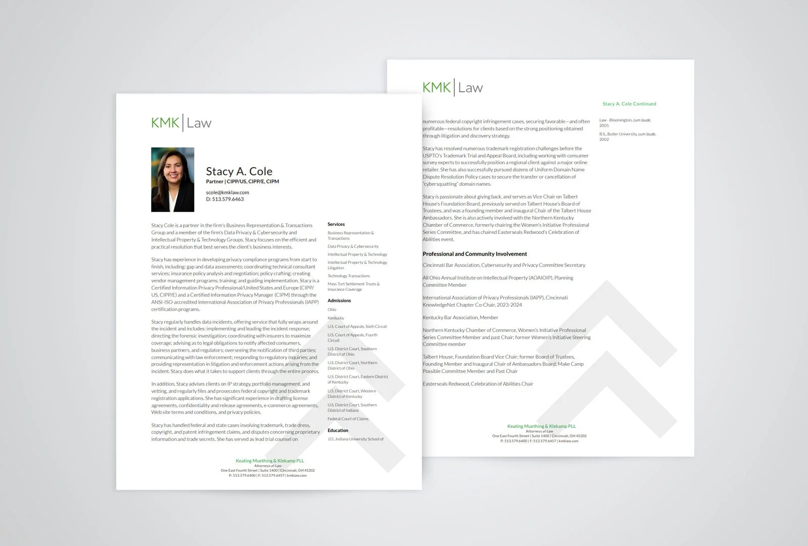 KMK Law attorney PDF bio designs showing cohesive branding, professional layout, and consistent visual identity across printable materials.