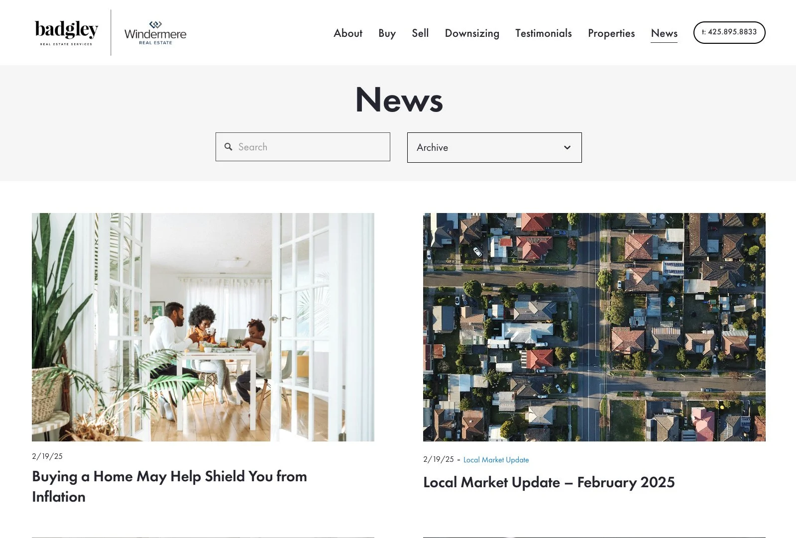 Screenshot of Badgley Homes website news page showing articles and market updates.