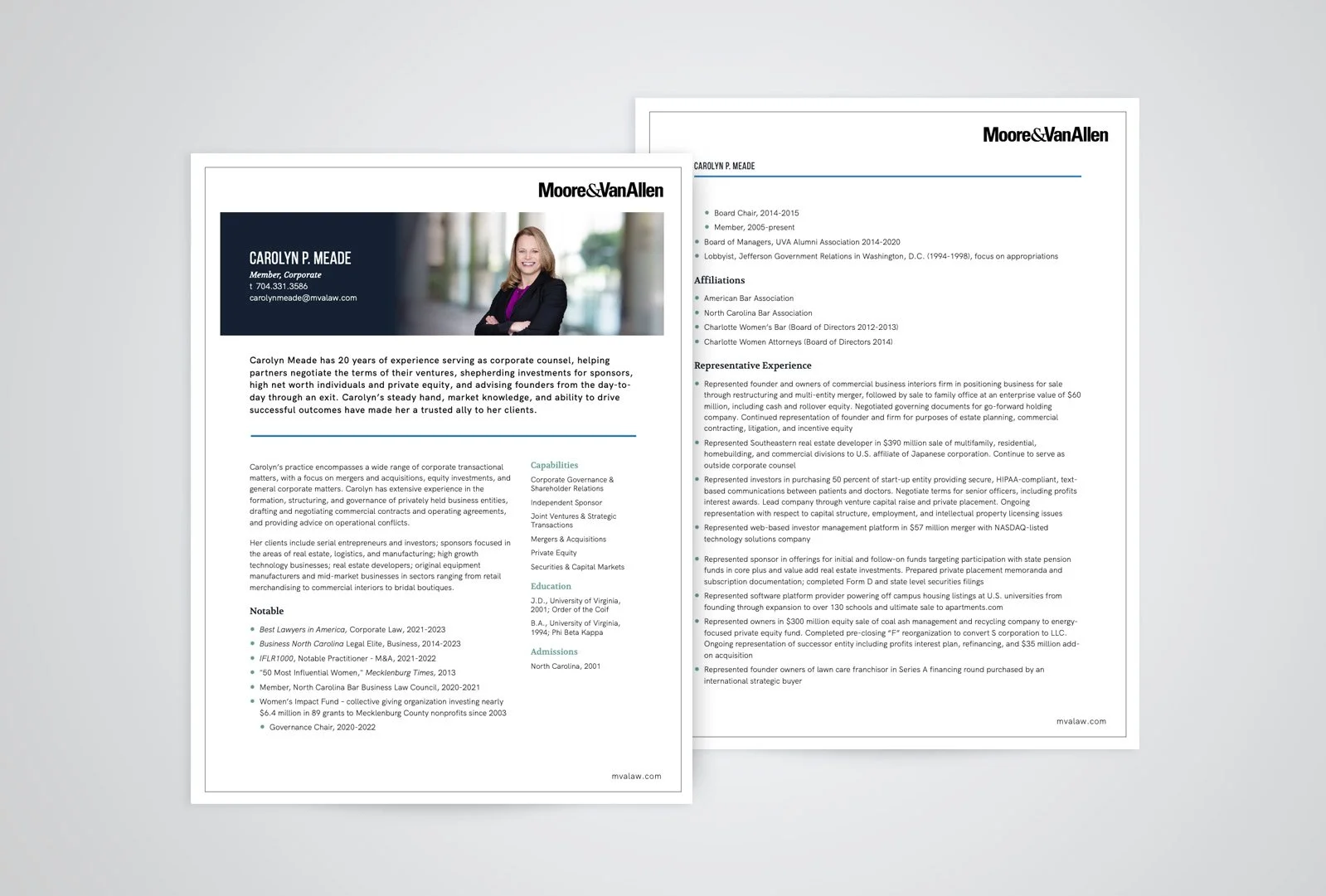 Attorney PDF design templates for Moore & Van Allen showcasing consistent branding, clean typography, and easy-to-read professional layouts.