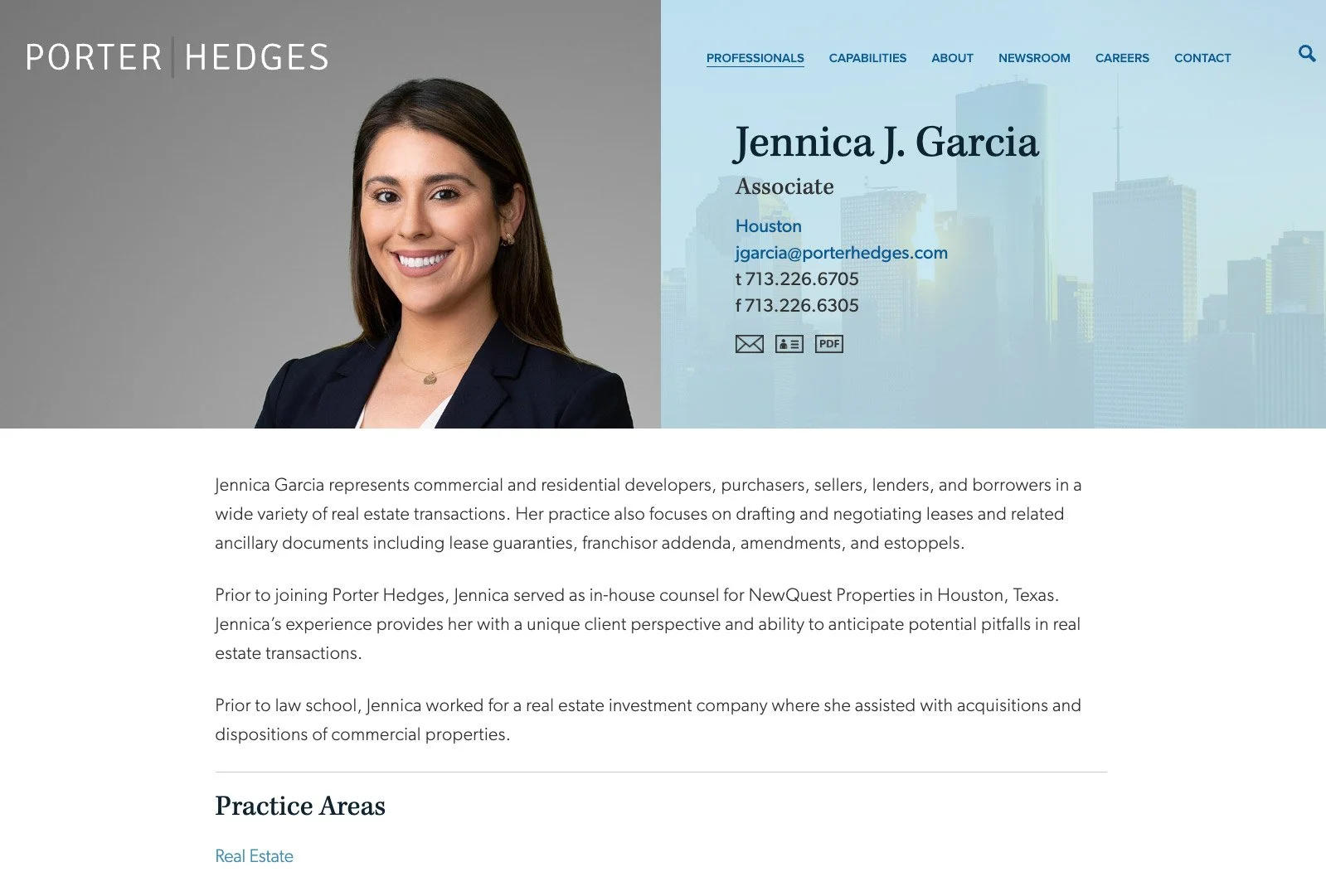 Porter Hedges attorney profile page featuring Jennica J. Garcia with practice areas and biography.