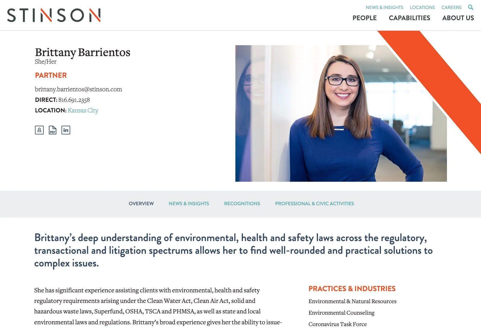 Attorney profile page for Stinson featuring professional portrait and bio layout with orange brand accent.