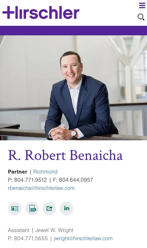 Hirschler mobile attorney profile for R. Robert Benaicha featuring professional portrait and contact links.
