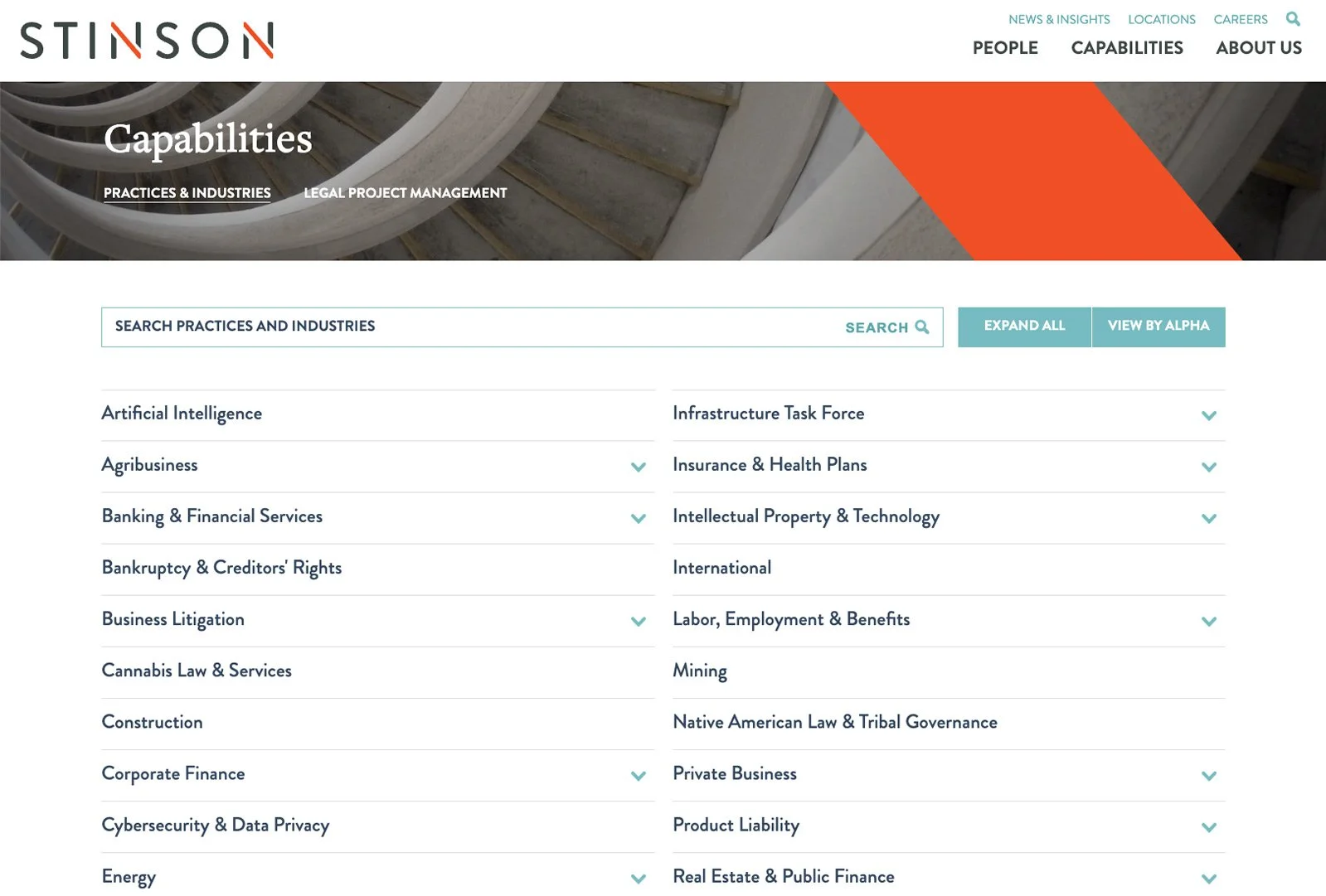 Stinson capabilities page displaying list of practice areas and expertise categories.