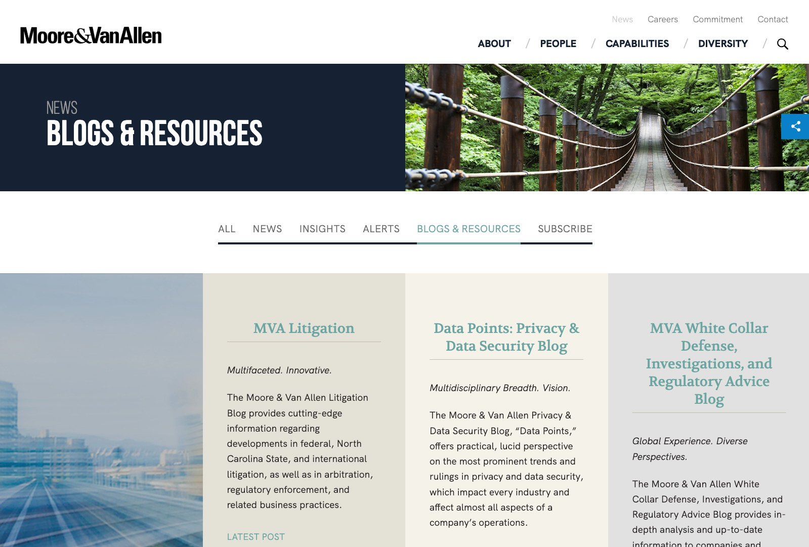 Moore & Van Allen blogs and resources page offering firm insights, legal updates, and publications in a structured content layout.