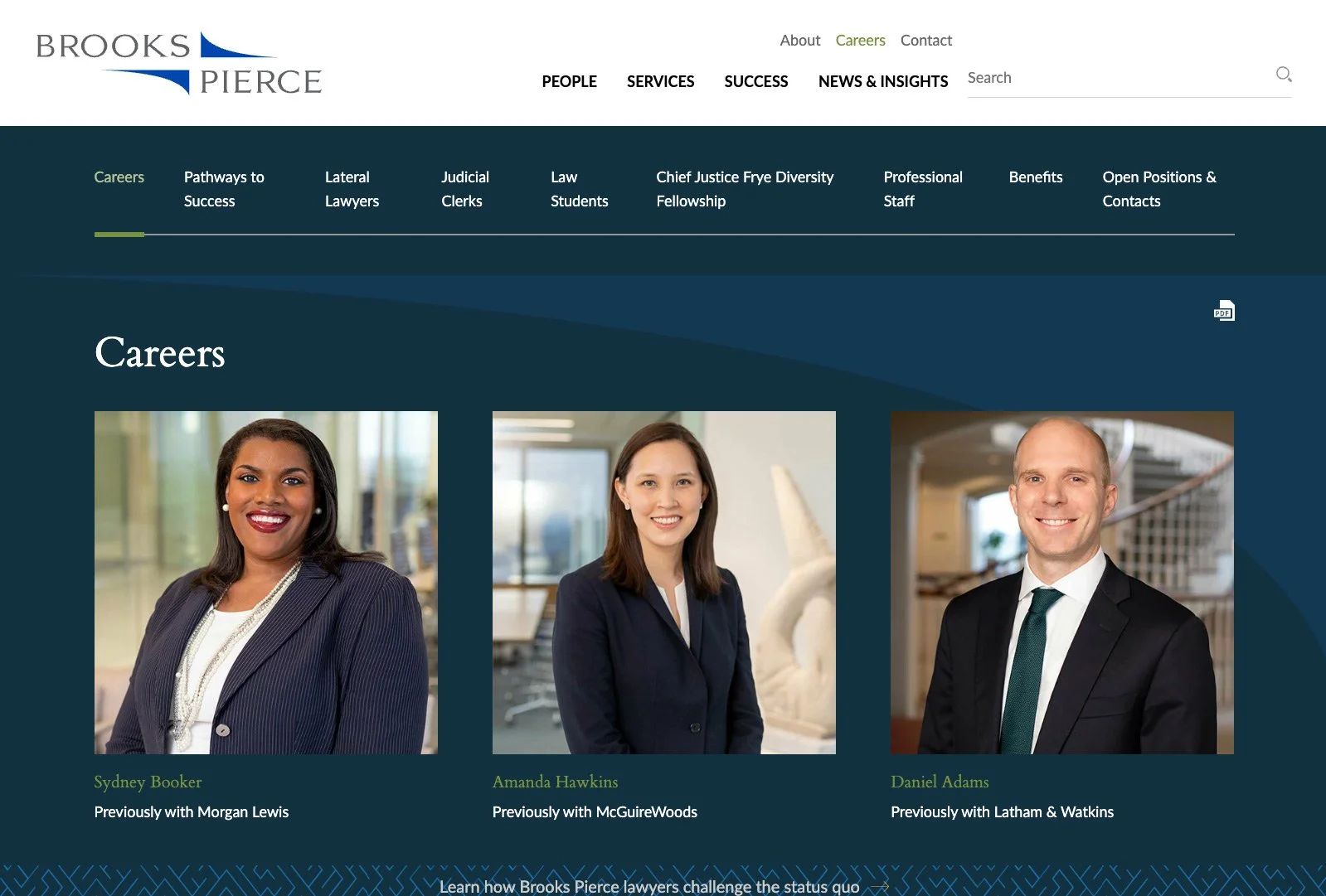 Brooks Pierce careers page featuring firm culture and attorney team portraits.