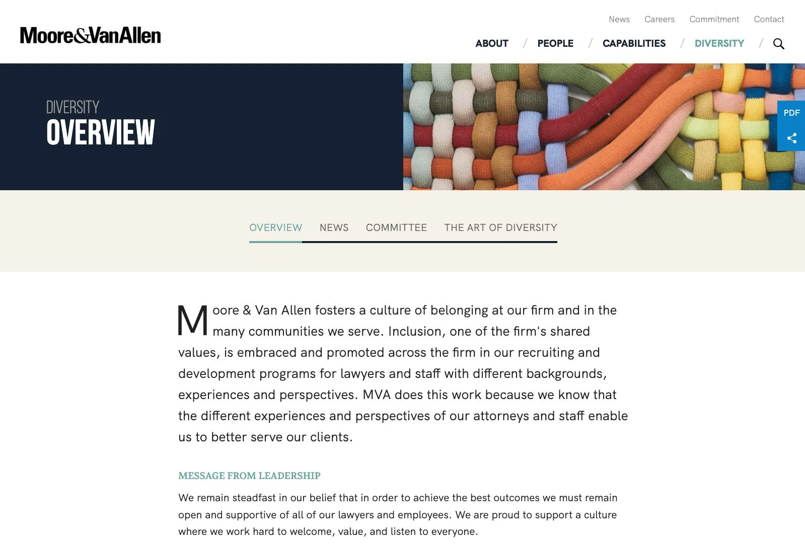 Moore & Van Allen overview page presenting firm history, mission, and collaborative approach in a clean, structured layout.