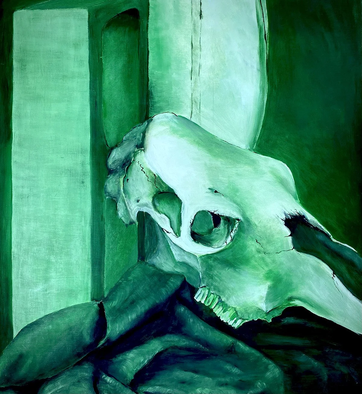 Green-toned oil painting by Tara Goetz of an animal skull resting on dark fabric.