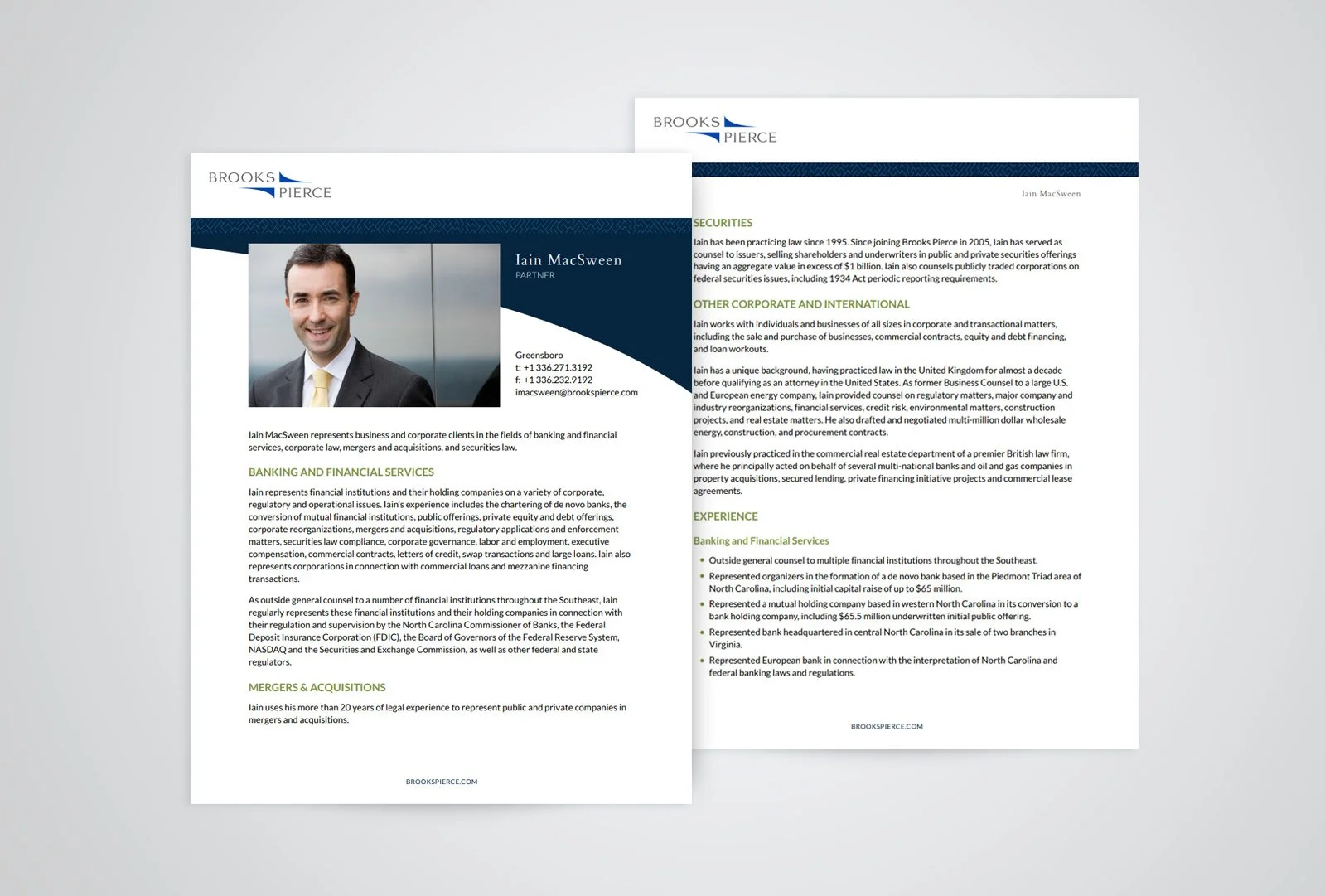 Brooks Pierce PDF bio designs showing printable attorney profile layouts.