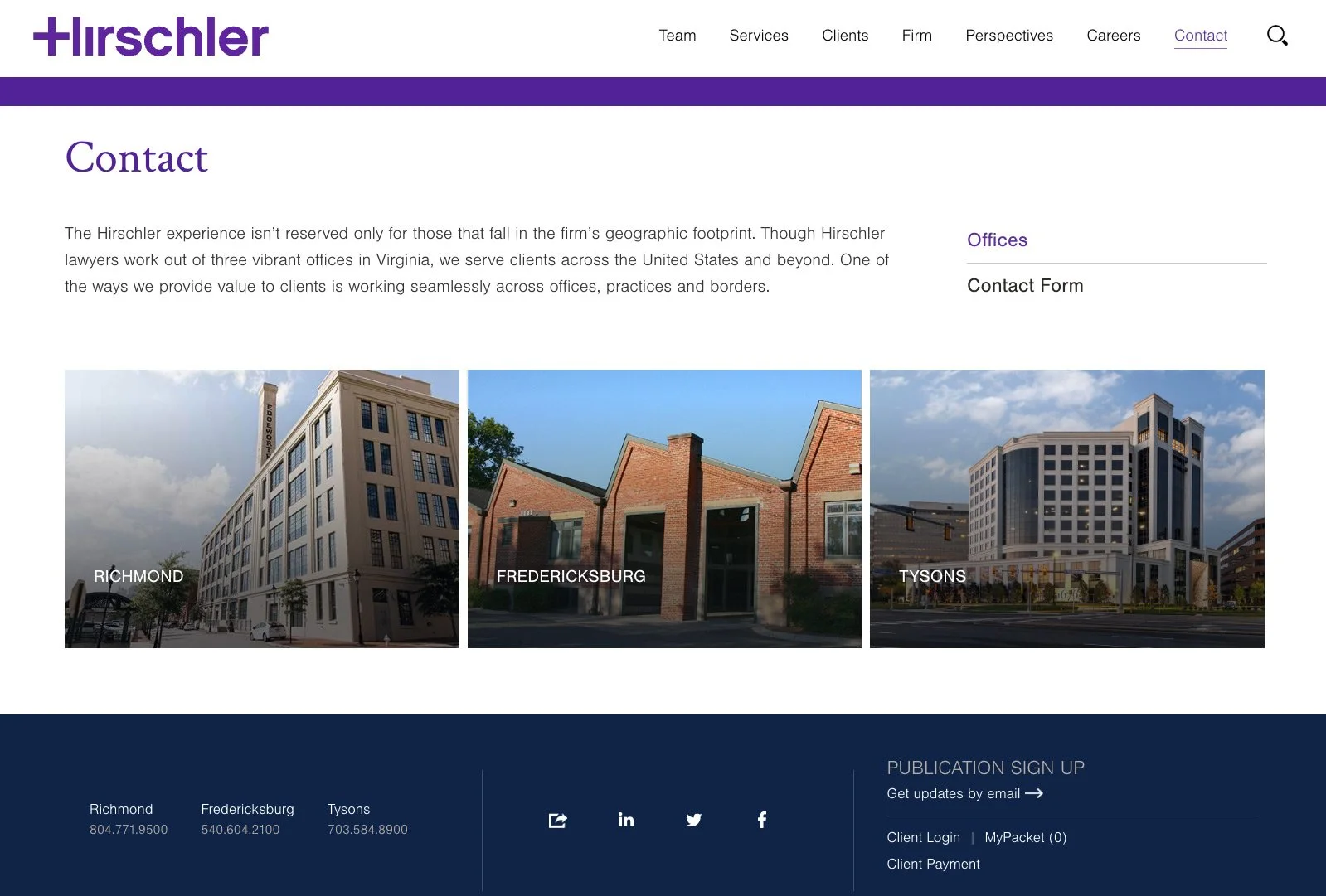 Hirschler contact page layout with office imagery and interactive location details.