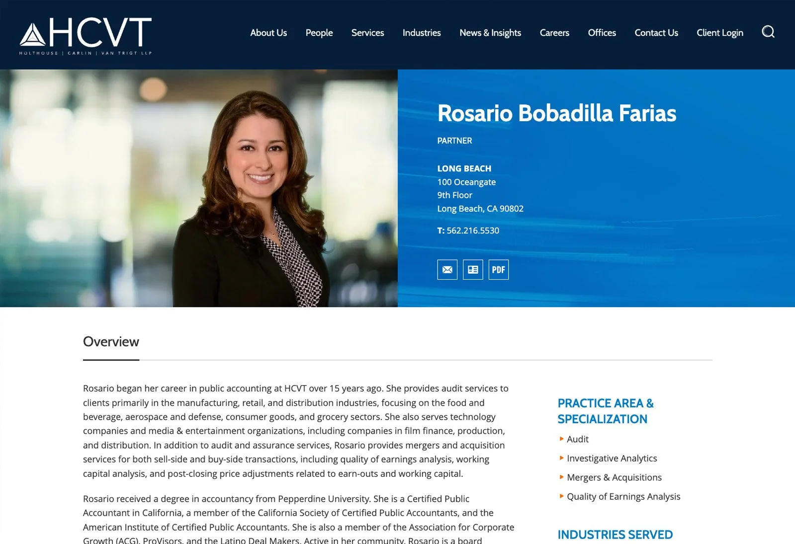 HCVT individual profile page featuring professional headshot and biography layout with contact details.