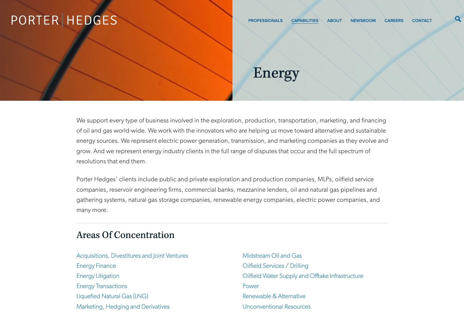 Porter Hedges energy practice page with abstract orange accent banner and industry overview.